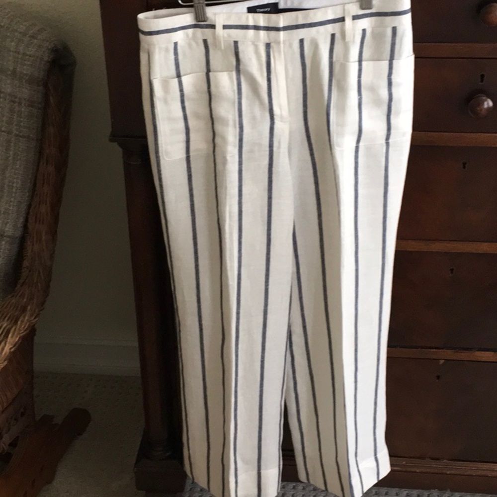 Theory linen navy and cream cropped pants